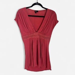 SKY Crochet Waist Coral V-Neck Top